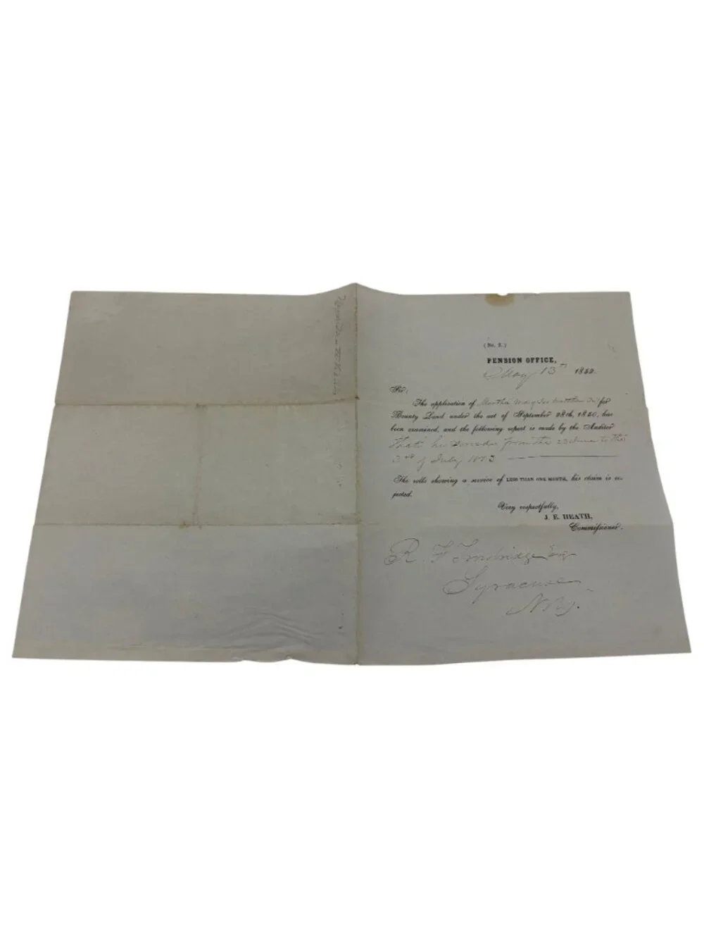 1852 US Pension Office Letter Bounty Land Claim Rejected Syracuse NY US Gov Doc - Picture 4 of 7
